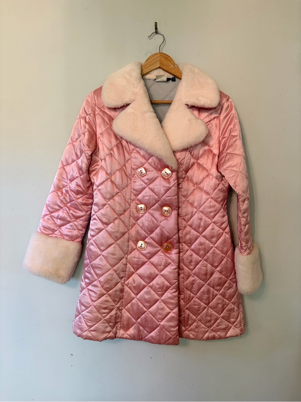 Y2K Pink Quilted Roxy Faux-Fur Collar Double-Breasted Coat